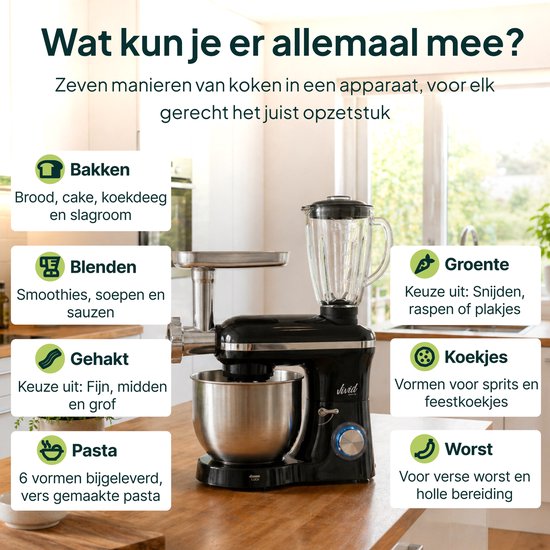 Vivid Green 2000W Keukenrobot - 6.2L - Alles-in-een Keukenmixer - Mixer met Mengkom - Keukenmachine - Gehaktmolen en Blender- Pastamachine – Zwart