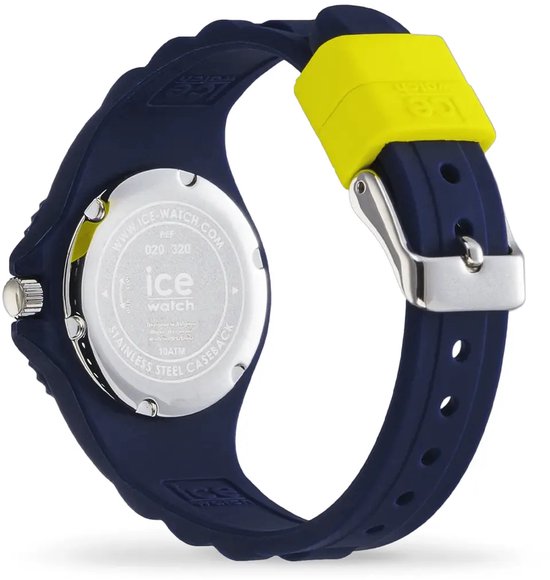 Achterkant donkerblauw horloge met zilverkleurige gesp en gele bandhouder.