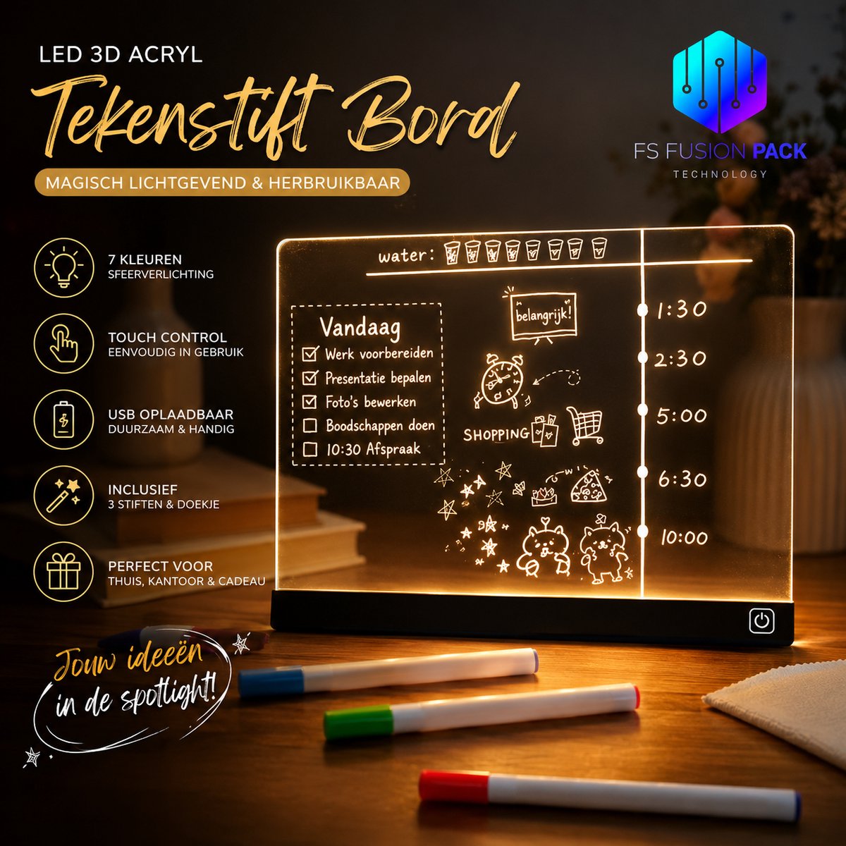 Premium LED 3D Acryl Tekenstift Bord Lichtgevend Magisch–7-Kleuren 20×30 cm | USB Oplaadbaar |Magisch Board Warm Wit Nachtlampje | Touch Control | Modern Schrijfbord – FS Fusion Pack Series-Sinterklaas Cadeau-Black Friday-Kertstcadeau-Nieuwjaar 2026