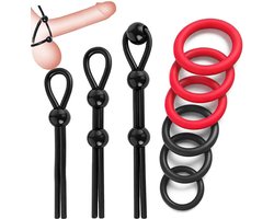 IVY LUX Cockring Set – 9-delige Penisring Set voor Mannen – 3 Verstelbare Cockringen + 6 Siliconen Ringen – Waterdicht & Wasbaar – Zwart en Rood