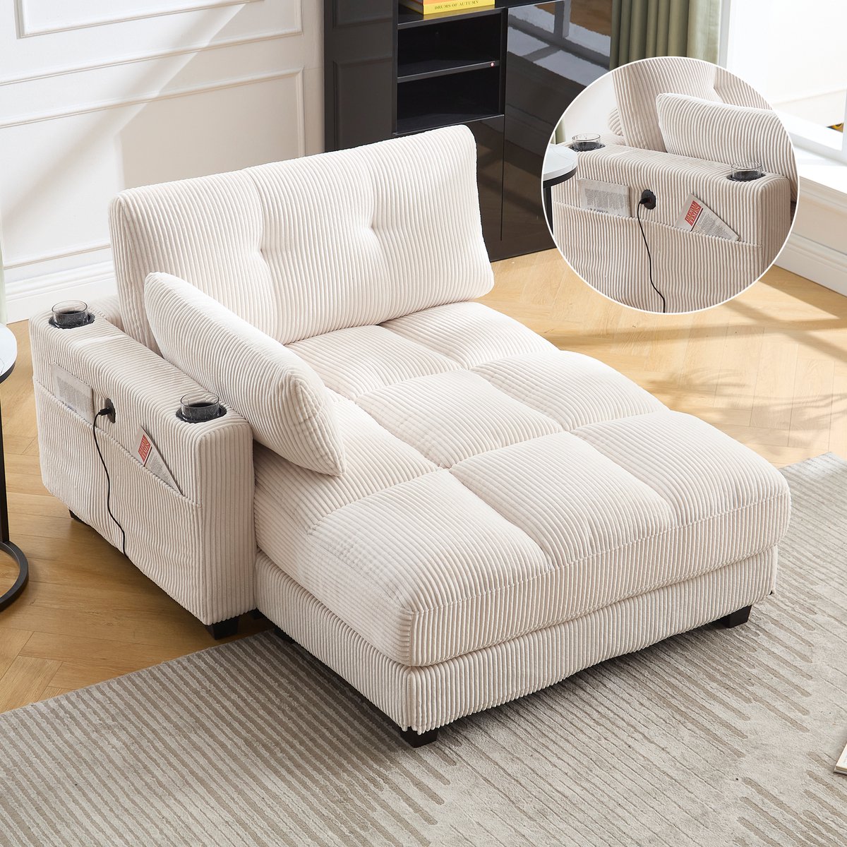 Fauteuil met palmbladmotief, zachte gestreepte kussens, armleuning met verrijdbare kussens, hoofdsteun, drie bekerhouders en een zijvak; geschikt voor zowel de woonkamer als de slaapkamer; beige