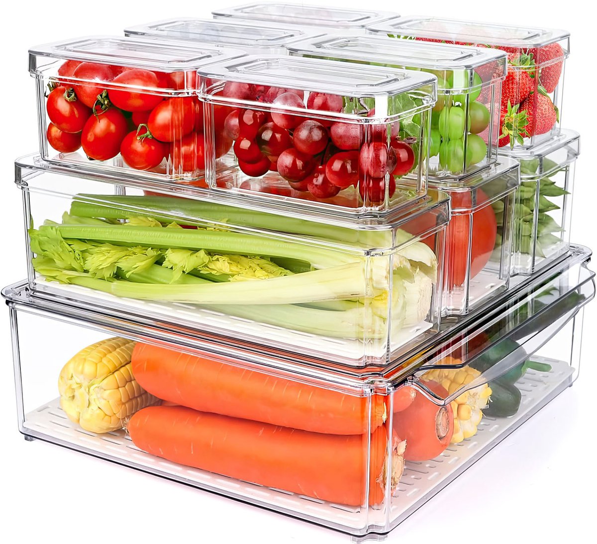 10-delige Koelkast Opbergbox Set met Filterplaat – Voedselveilige Keuken Organizer voor Groenten & Fruit