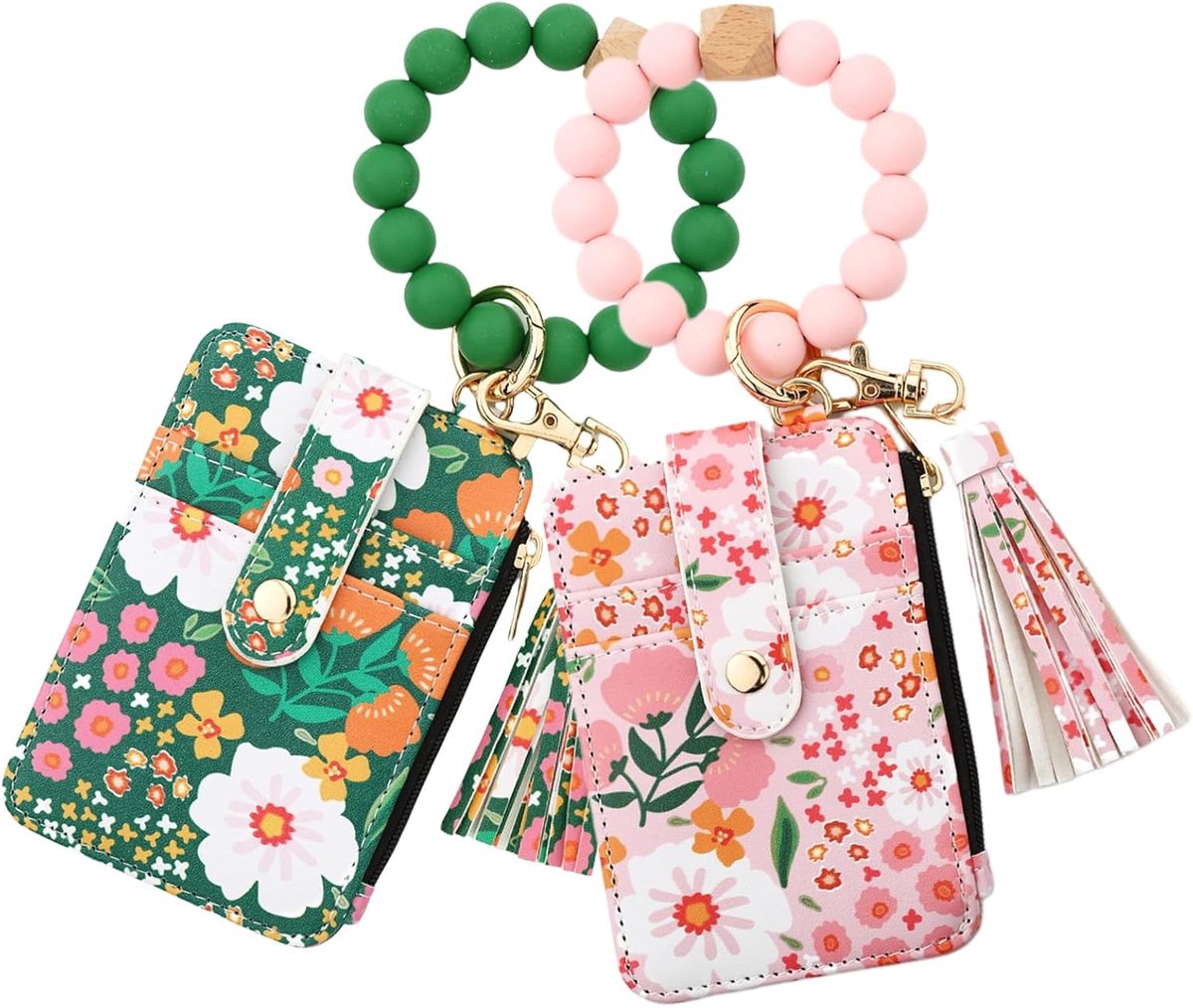VHV-Sleutelhanger dames - Armband sleutelhanger - 2 stuks - Pasjeshouder - Portemonnee armband - Siliconen kralen - Met rits en kwastje - Voor pasjes en muntgeld - Bloemenprint - Lichtroze + groen