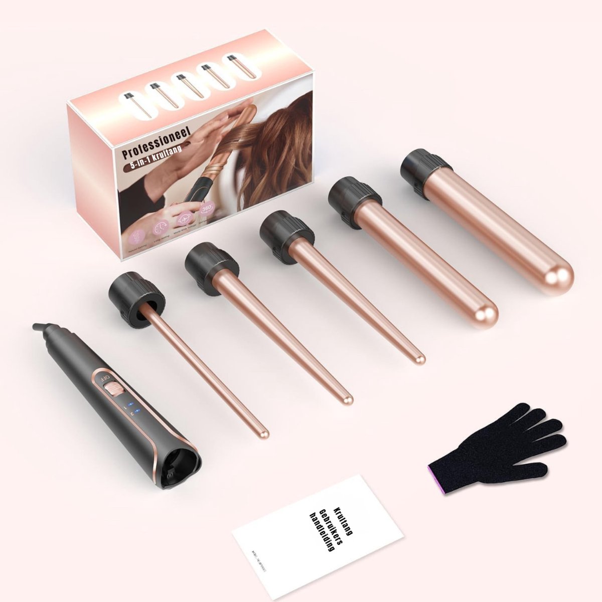 KAD® Krultang - Krultang 5-in-1 Set – Professionele Haarstylingset met 5 Verwisselbare Opzetstukken – Keramische Coating – Inclusief Hittebestendige Handschoen - Roségoud - 42cm x 32cm x 10cm