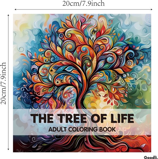 Het 'The Tree of Life' volwassen kleurboek, 20x20cm, met een levendige, abstracte levensboom op de voorkant.