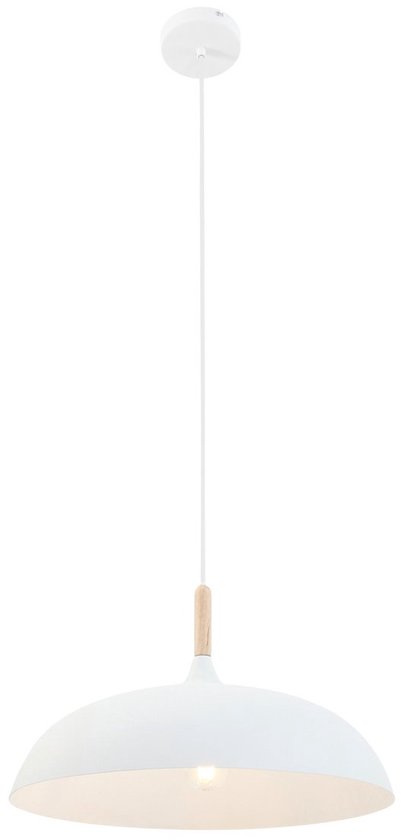 Witte hanglamp met houten accent, hangend aan een kabel.