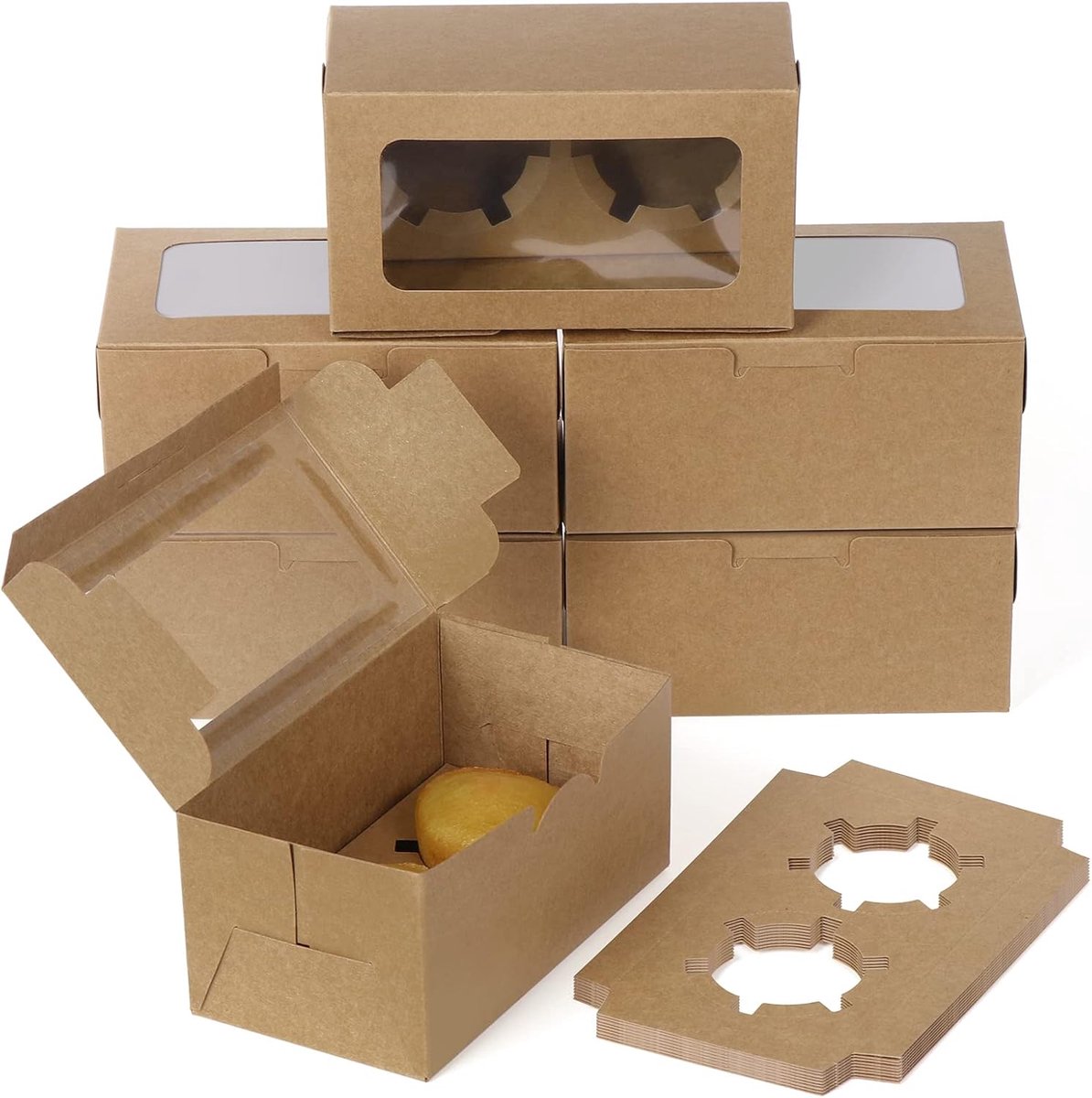 Cupcakedoosje - 40 x 30 x 40 mm - 6 gaten - Bruin - Met Tray en Venster - Gebaksdoos - Perfect Voor Cupcakes, Desserts en Meer - 25 stuks - Cupcakedozen - van Imperatoris