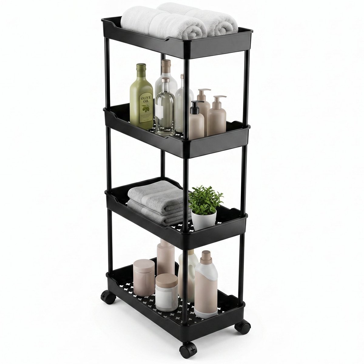 Cheqo® Opbergtrolley - Keukentrolley - Trolley op Wielen - 4 Laags - Opbergrek - Smalle Opbergkast - Rolwagen - Organizer - Badkamer Trolley - Keukenrek voor Keuken en Badkamer - Rolwagentje - Slanke Niskast - Rolling Cart