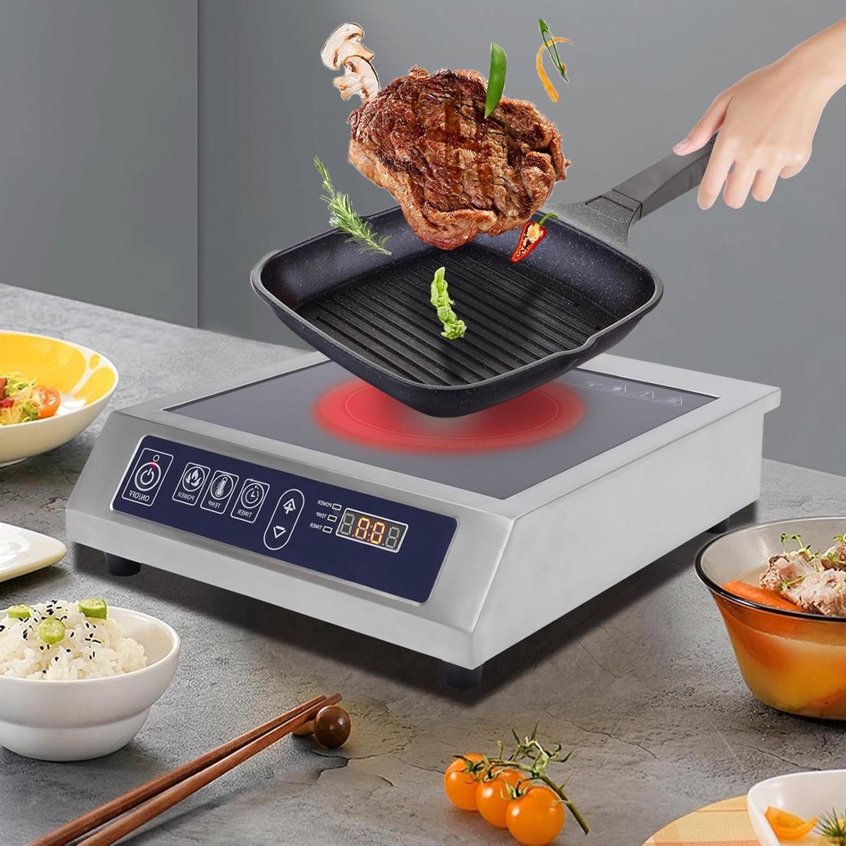 Inductiekookplaat - Mobiel fornuis - Snel koken - 3500 Watt vermogen - 355 cm - Zilver