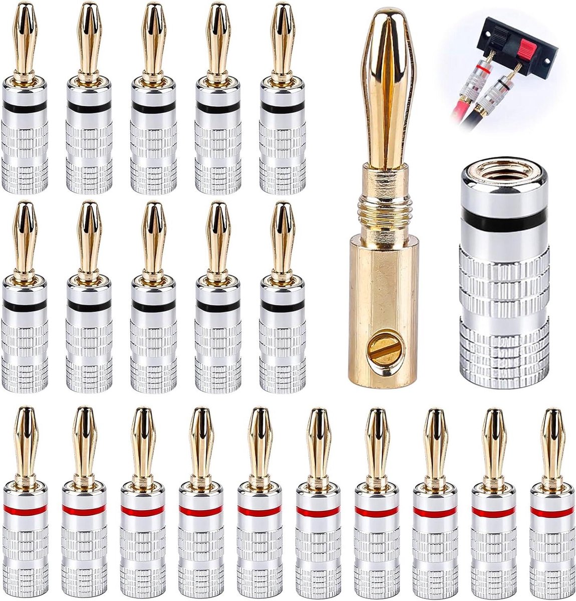 Banaanstekkers 20 Stuks - Luidspreker Connectoren - Audio Verbindingen - 24K Verguld Koper - 4 mm Kabel - Wit