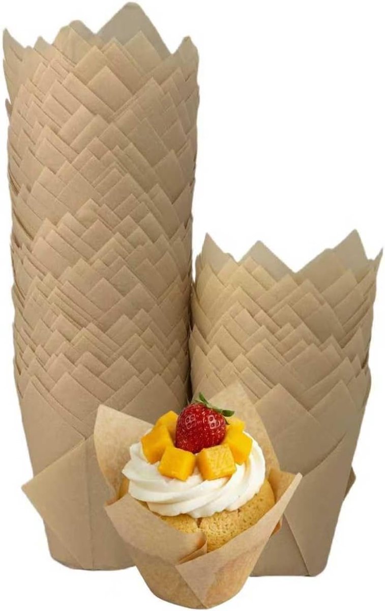 Natuurlijke tulpvormige cupcakevormpjes 200 stuks - Ongebleekte Europese bakvormpjes van perkamentpapier - Tulpvormige bakvormpjes voor cupcakes en muffins - Perfect voor feestjes en dagelijks gebruik