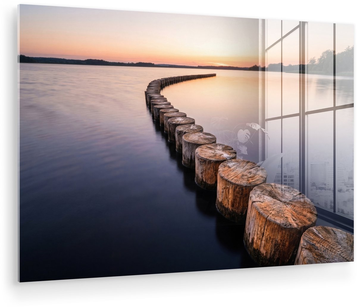 MuchoWow® Glasschilderij 90x60 cm - Schilderij acrylglas - Hout - Palen - Water - Foto op 
