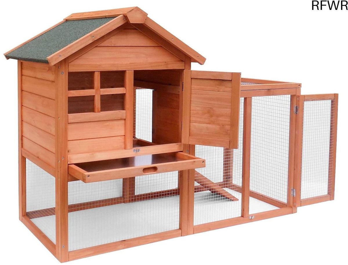 Konijnenhok met Ren - Dierenverblijf Buiten - Dieren Verblijf - Twee Verdiepingen - 122 x 63 x 92 cm - Bruin