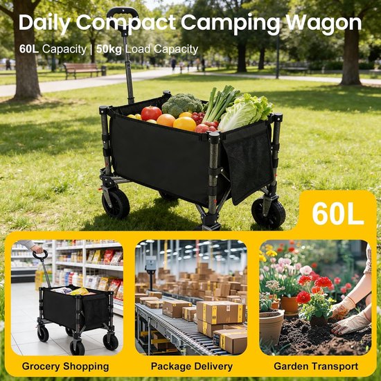 Opvouwbare bolderkar - Strandwagen - Zware spullen vervoeren - Extra brede banden - 100 kg capaciteit - Zwart van Opvouwbare Bolderkar — afbeelding 4