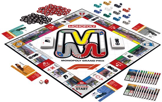 Monopoly Grand Prix bordspel met F1-thema. De baan is in de vorm van een 'M'.