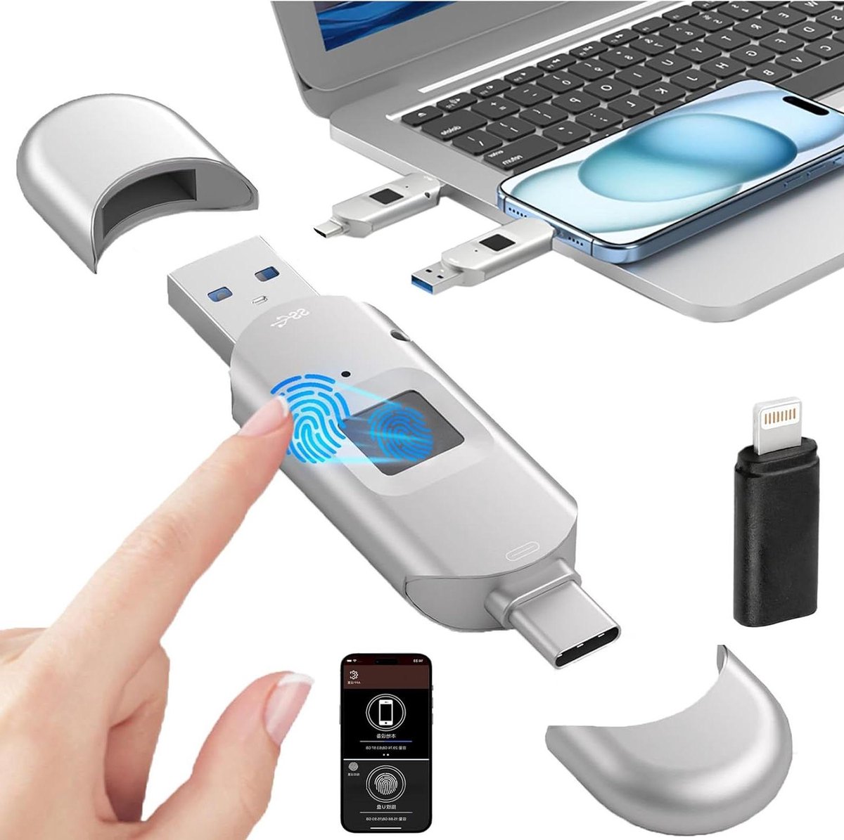 Vingerafdruk USB-stick - Beveiligde Datadrager - Veilige Data Opslag - Dubbele Connectiviteit - 512GB - Metaal
