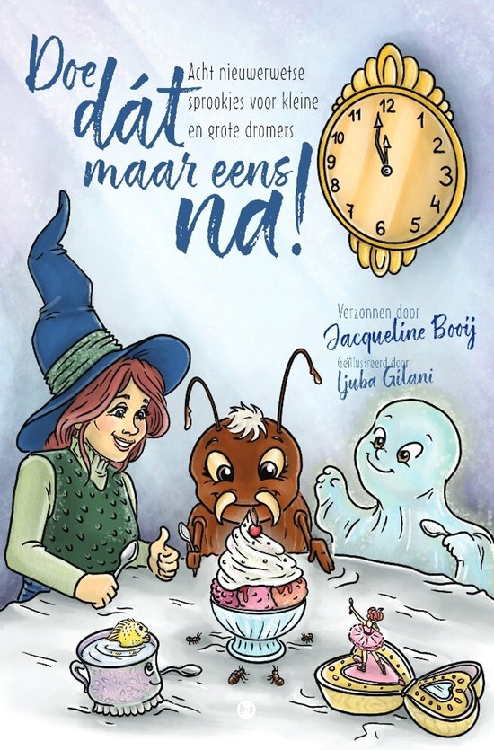 Een heks, een mier en een geest eten een ijscoupe bij een klok die bijna middernacht slaat.