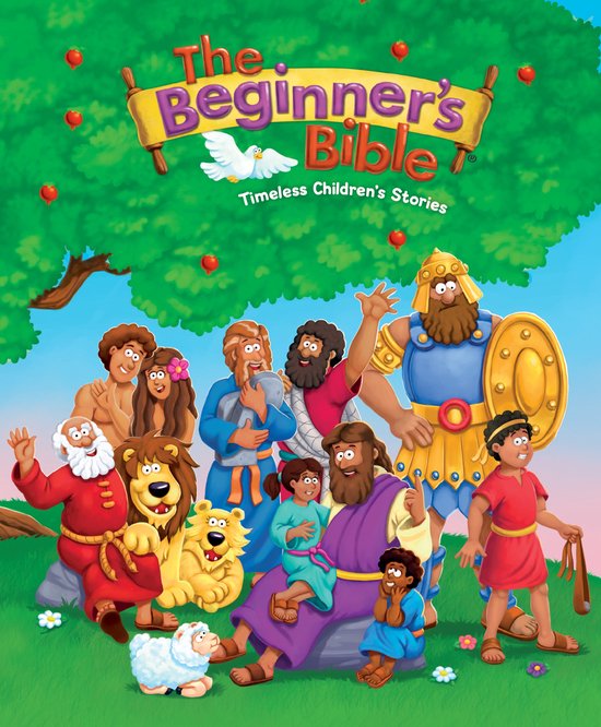 De Beginner's Bible met Timeless Children's Stories. Illustratie van bijbelse figuren en dieren onder een boom.