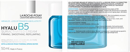Doos met La Roche-Posay Hyalu B5 Suractivated Cream. De tekst vermeldt 'Hydraterende comfortcrème. Versterkt. Gladstrijkend. Opvullend.'