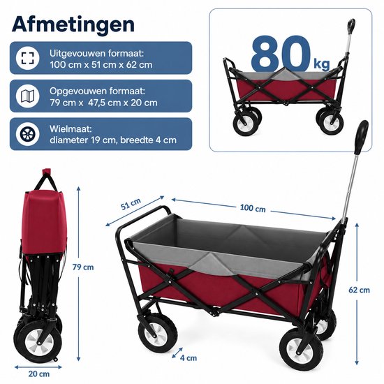 A.U.D Essentials - Bolderkar - Trolley - Strandkar - Trekkar - Opvouwbaar - 80kg draagvermogen - Antraciet - Turquoise — afbeelding 4