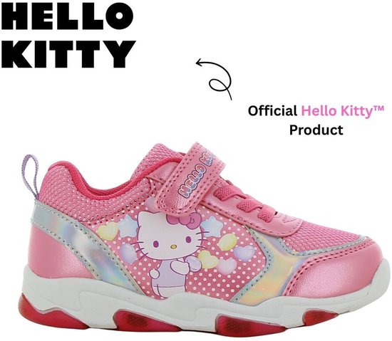 Roze Hello Kitty sneaker met gestreepte veters en klittenband. Hello Kitty met strik en wolkjes.