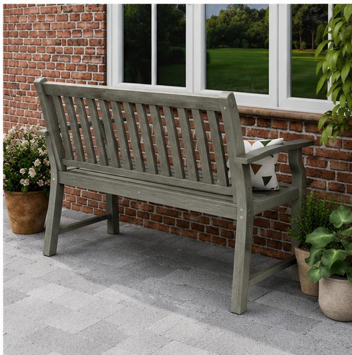 Tuinbank 2-Zits 128 x 61 x 90 cm – Weerbestendige Buitenbank met Houtlook en Rugleuning, Stalen Balkonbank voor Tuin, Terras, Veranda en Balkon, 240 kg Draagvermogen, Bruin – Mobili Bella