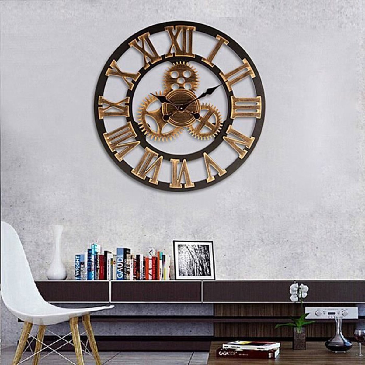 40 cm 3D vintage quartz wandklok, houten tandwielen, industriële stijl, Romeinse cijfers, luxe handgemaakte gouden haken. — cadeau in Wonen & Interieur - foto 2