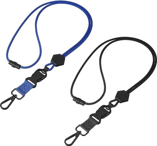 Twee koordjes, één blauw en één zwart, met gespen en karabijnsluitingen.