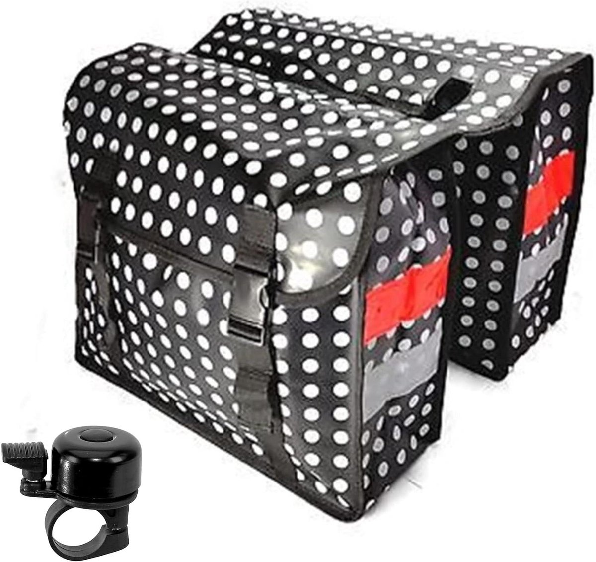 Dubbele Fietstas - Bagagedrager tas - Fietsen Boodschappen - Inclusief fietsbel - 36x13x32 cm - Zwart met stippen