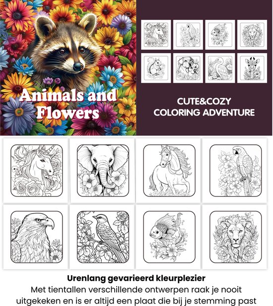 Voorpagina van een kleurboek met een raccoon te midden van bloemen, en een raster van proefdrukken van kleurplaten.