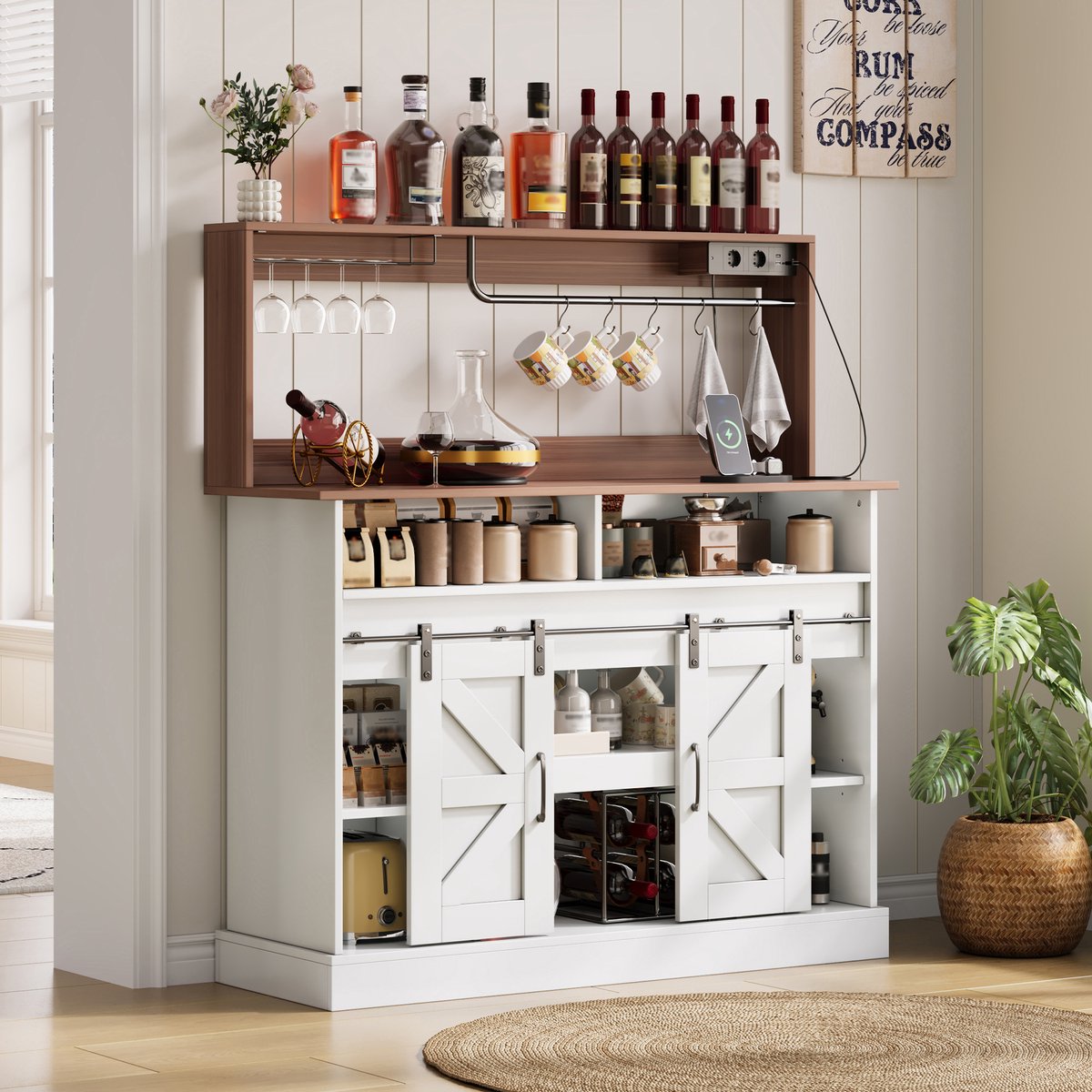 Koffiebar van 120 cm lang met glashouder en stopcontacten (2x AC, 2x USB), dressoir met opbergruimte, dressoir in landelijke stijl voor keuken/woonkamer met schuifdeuren - Wit