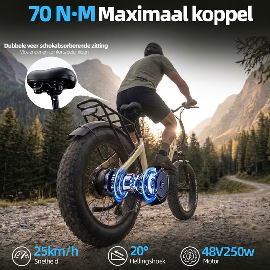 TTGO F6 Boost Elektrische Fiets - 250W Motor - 48V18Ah Lithium Accu - Actieradius tot 140 km - Hydraulische Schijfremmen - 20×4.0 inch Fatbike Banden - Shimano 7 Versnellingen - Vouwfiets - Beige van TTGO — afbeelding 4