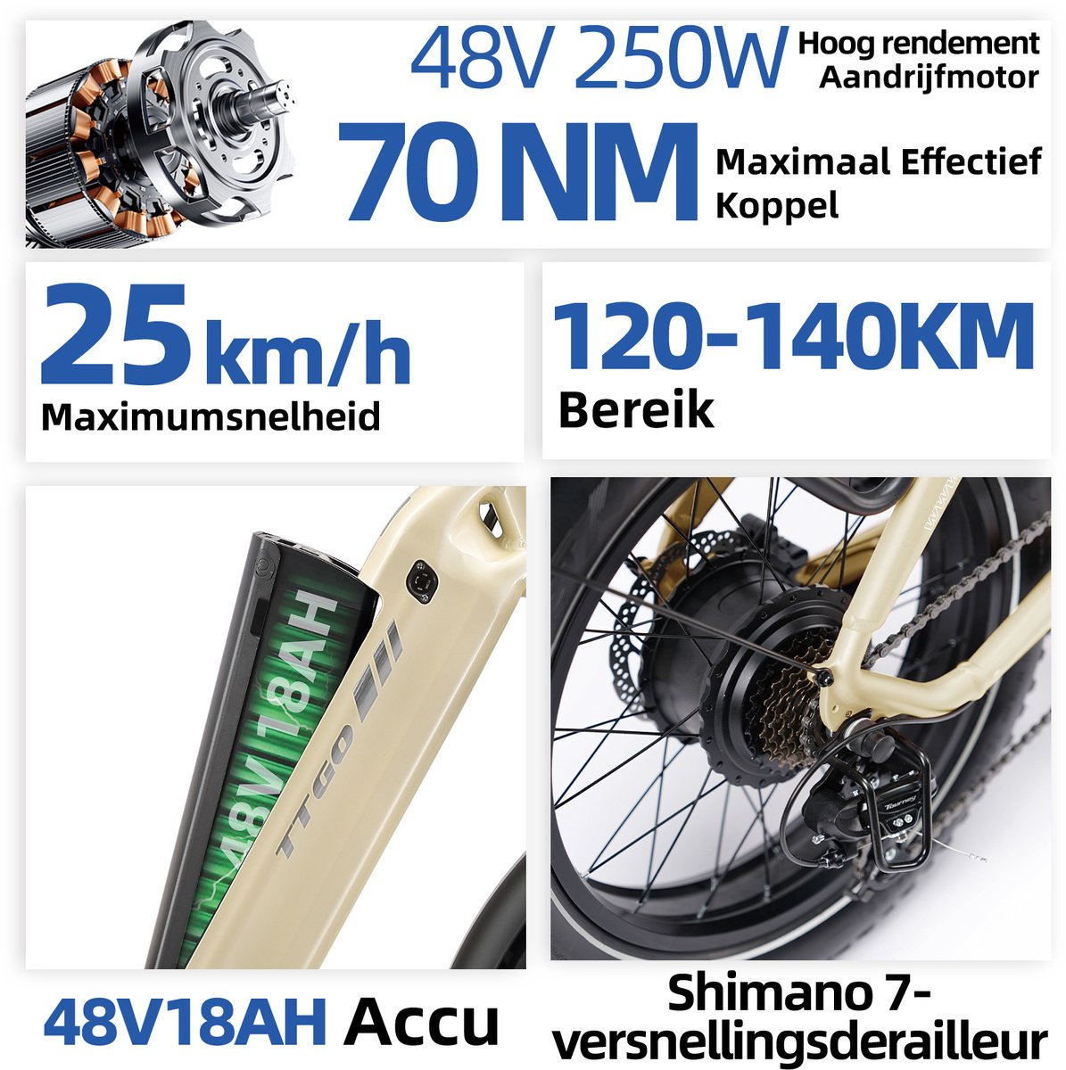 TTGO F6 Boost Elektrische Fiets – 250W Motor - 48V18Ah Lithium Accu – Actieradius tot 140 km – Hydraulische Schijfremmen – 20×4.0 inch Fatbike Banden - Shimano 7 Versnellingen - Vouwfiets - Beige thumbnail 3
