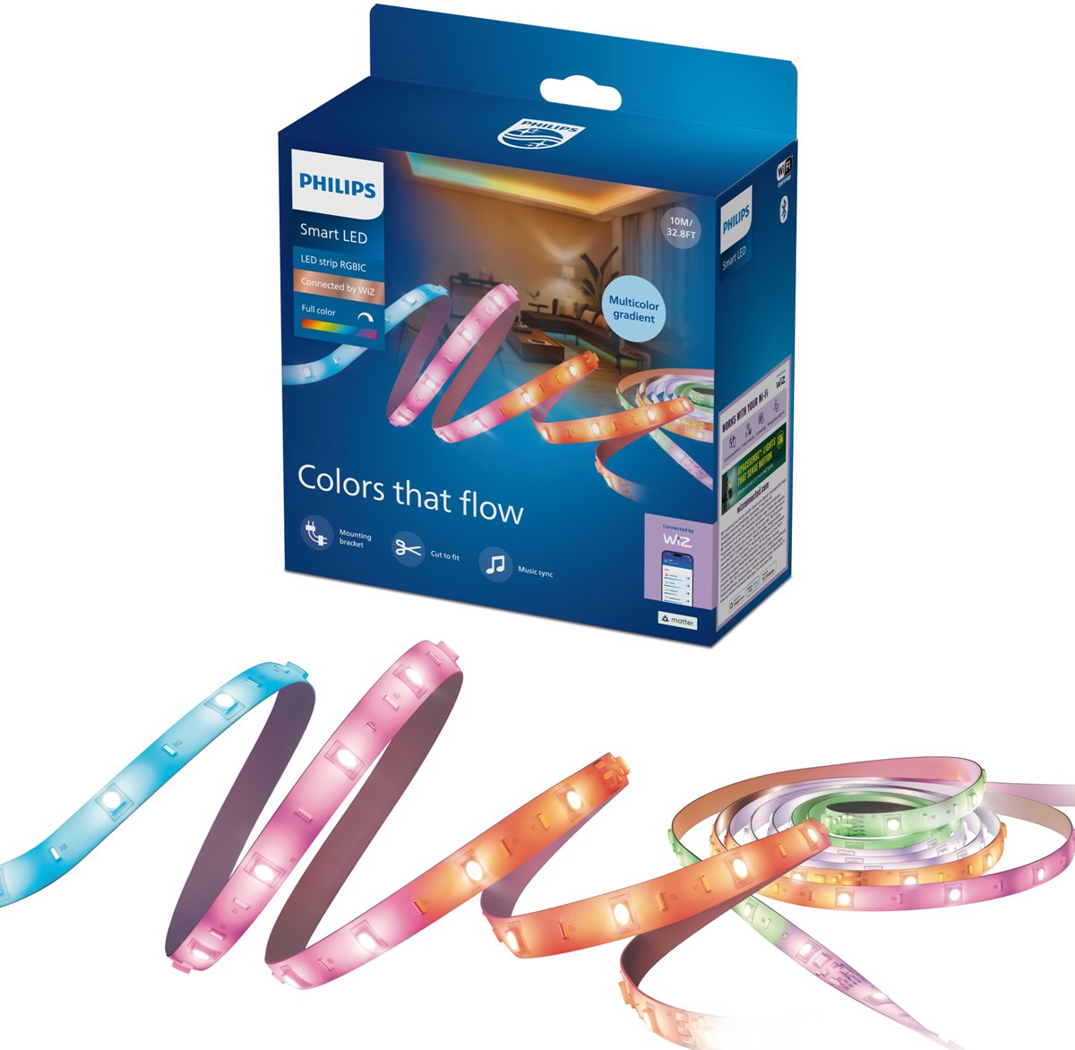 Philips Smart Lighting - LED strip - Lengte: 10m (5+5) - RGBIC - Gekleurd en instelbaar wit licht - Muzieksynchronisatie - Werkt met de WiZ app - Wifi