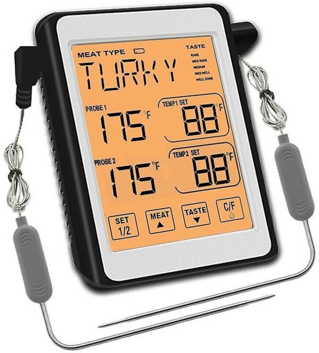 Oranje vleesthermometer met dubbele sonde