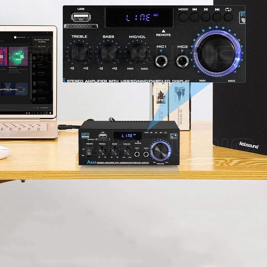 Bluetooth 5.0 Audioversterker Ontvangers - AK45 Hifi Stereo Mini Eindversterker RMS 40W 2.0 Kanaals Home Theater Audio Componenten Luidsprekers Versterker W/MIC USB RCA FM Radio — afbeelding 4