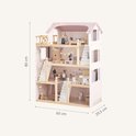 Poppenhuis van hout met roze dak, 80 cm hoog, 60 cm breed en 29,5 cm diep.