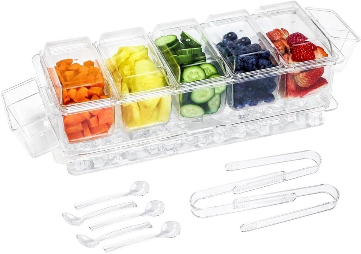 Bewaardozen Vriezer - Diepvriesbakjes Voedsel - Maaltijd Voorbereiden - Vijf Compartimenten - 40x15x11 cm - Transparant