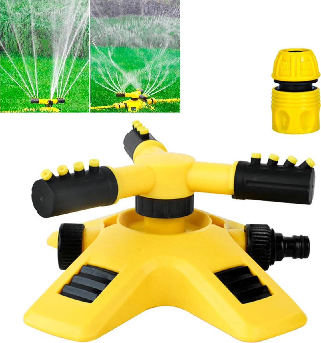 Automatische tuinsproeier, 360 graden draaibare sproeier, verstelbare sproeier met drie armen en 1/2-inch tuinslangaansluiting, geschikt voor het besproeien van gazons.