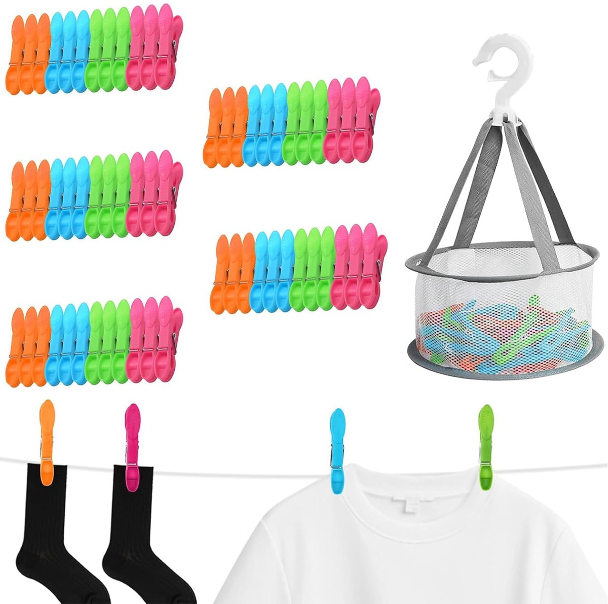 Dailygoods - Set van 60 Winddichte Wasknijpers met Mand