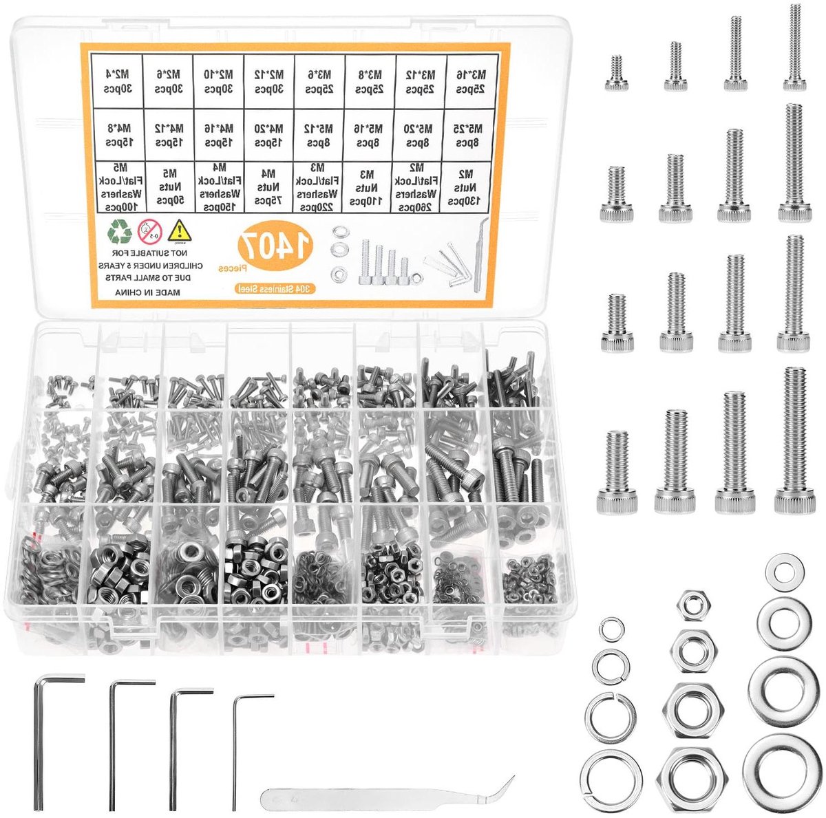Schroevenset RVS - Boutenset Moerenset - Reparatie en Montage - 1407 Delen Inclusief Sleutel - M2 M3 M4 M5 - Zilverkleurig