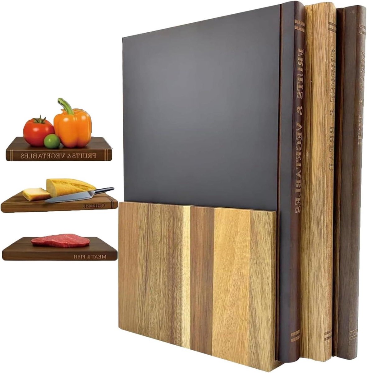 Snijplanken Set - Keukenplanken Hout - Voedselbereiding - Boekvormig Ontwerp - 3 stuks - Bruin