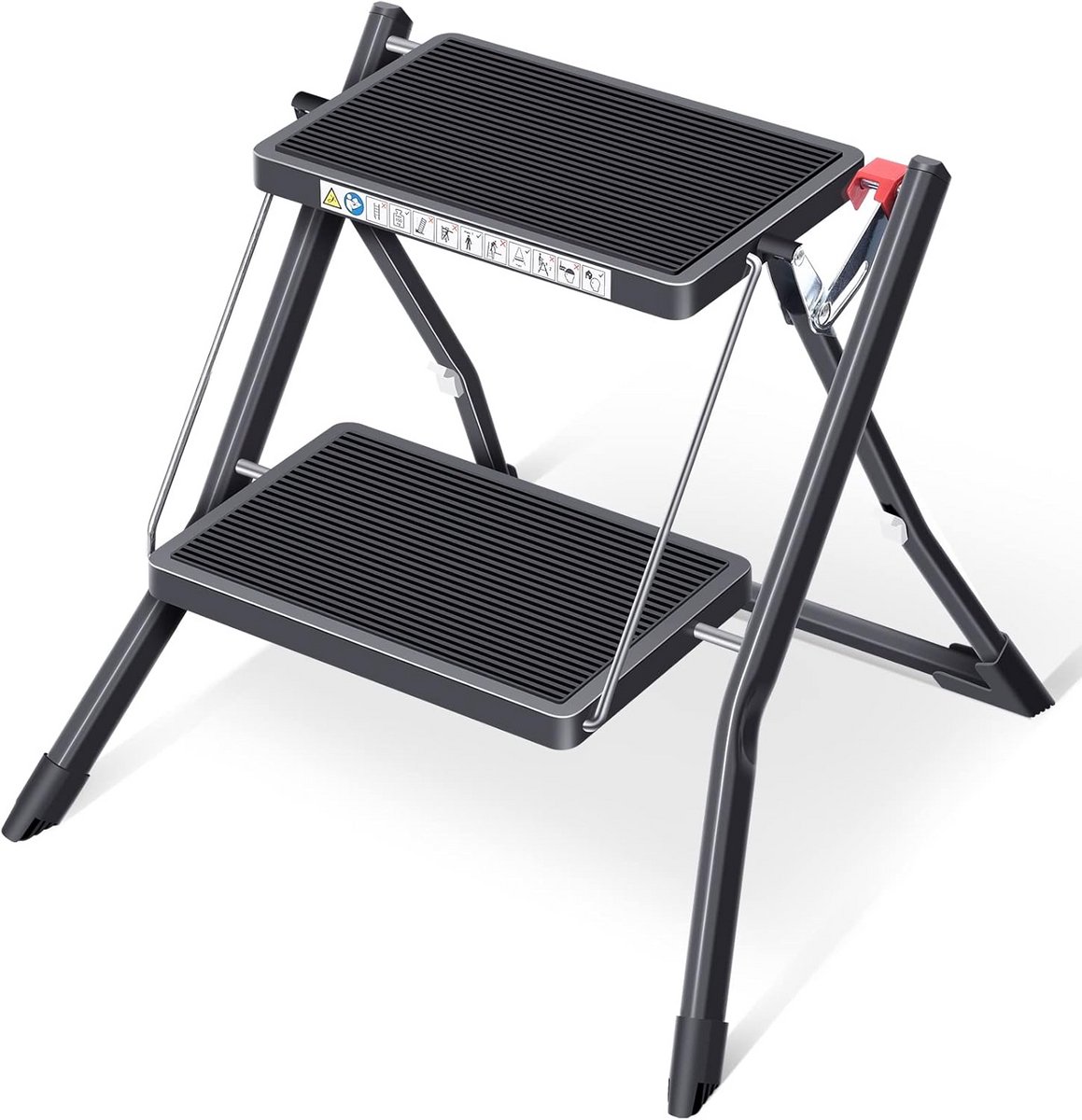 Trapladder 2 Treden - Opstap kruk - Huishoudelijk gebruik - Ultradun ontwerp - 4 cm dik - Zwart