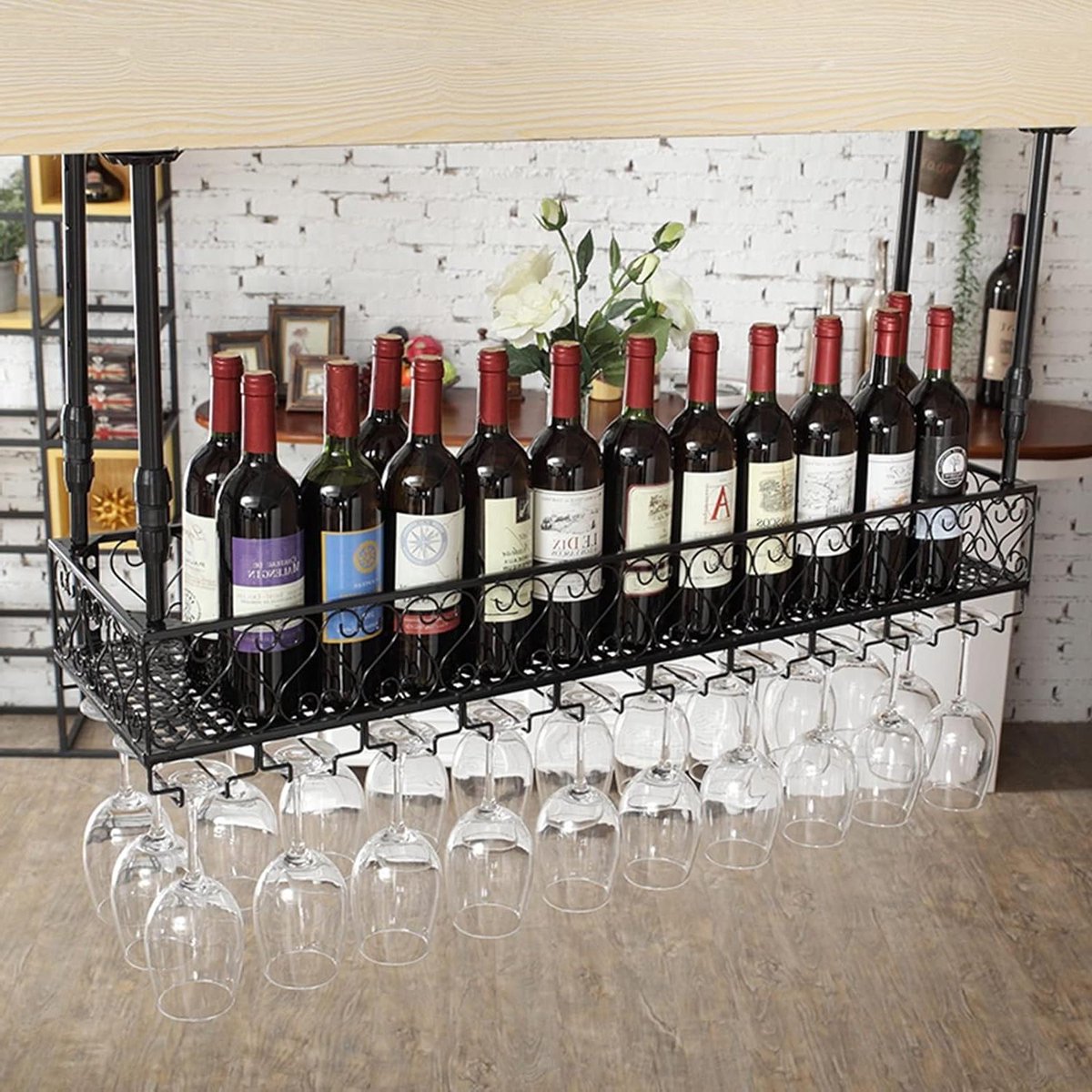 Plafond Wijnrek - Wijnglas Rek - Wijn Opslag - Verstelbare Hoogte - 100x25cm - Zwart
