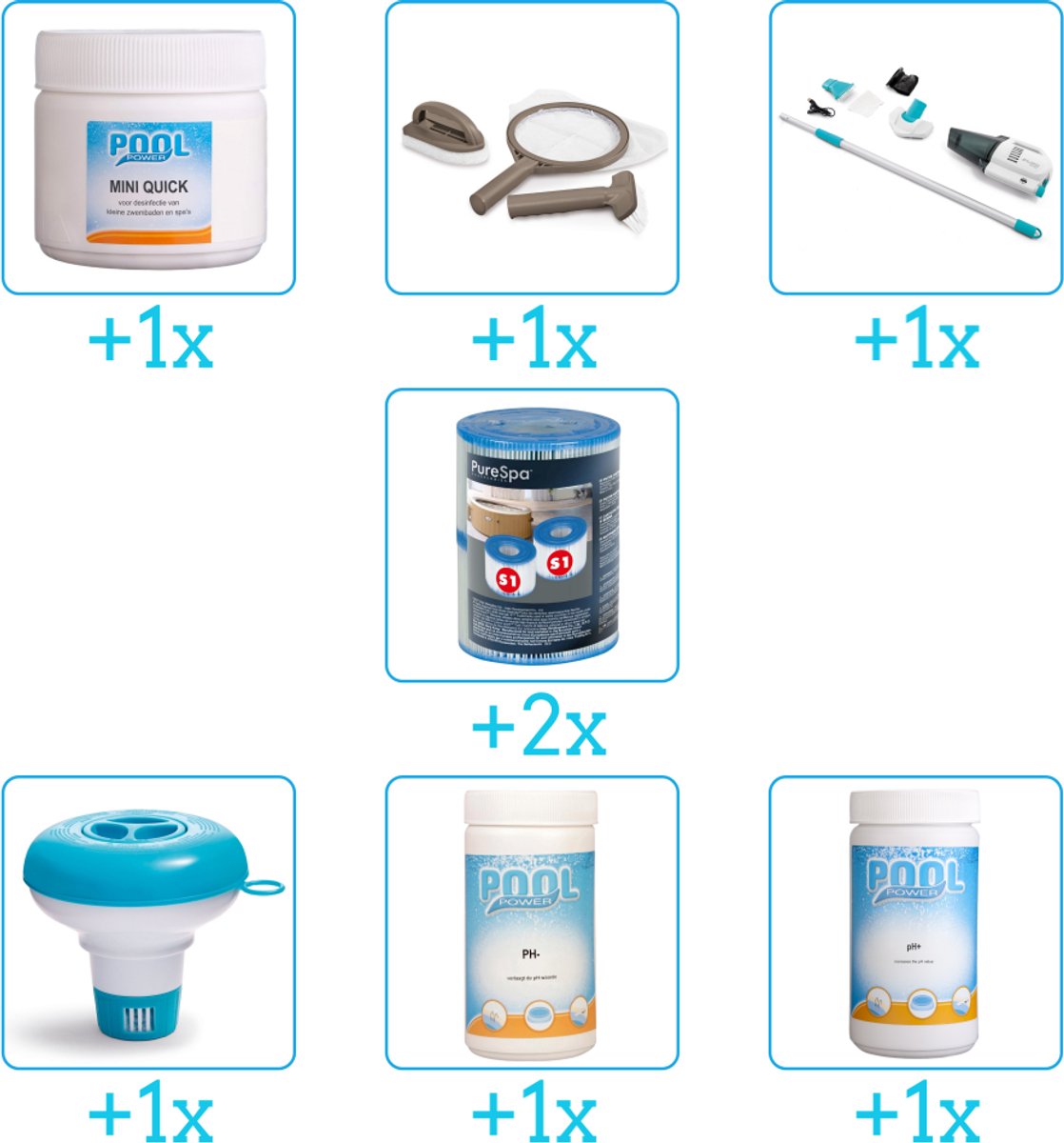 Zwembad Onderhoudspakket - Onderhoud Zwembad - bevat Chloor - Scrubpad - Schepnet - Borstel - Stofzuiger - Filters - Chloordrijver - PH-min en PH-plus (7-delig)