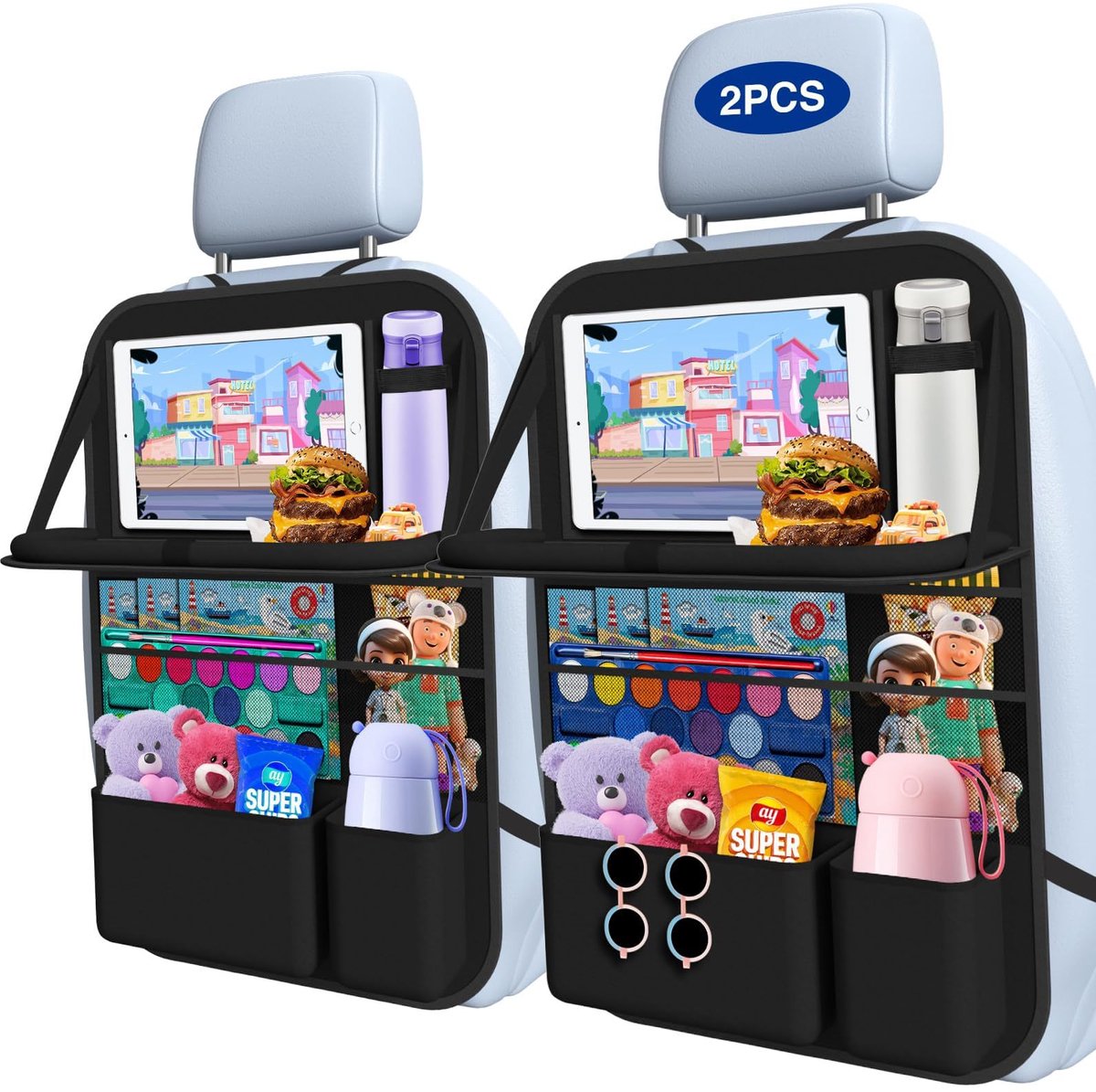 Auto-organizer voor kinderen met opklapbaar tafeltje – Achterbank-organizer met touchscreen-tabletvak, waterdichte rugleuningbescherming, past in de meeste voertuigen – foto 5