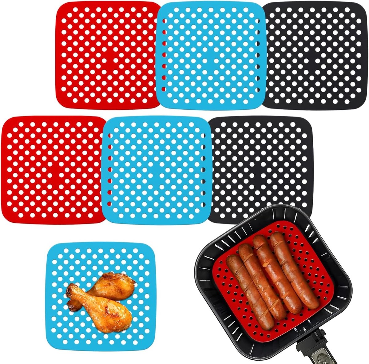 Set van 6 Vierkante Siliconen Airfryer Inzetstukken, 21.5 cm, Herbruikbare Antiaanbakmatten, Warmtebestendig en Vaatwasserbestendig, Ideaal voor Gezond Koken en Bakken