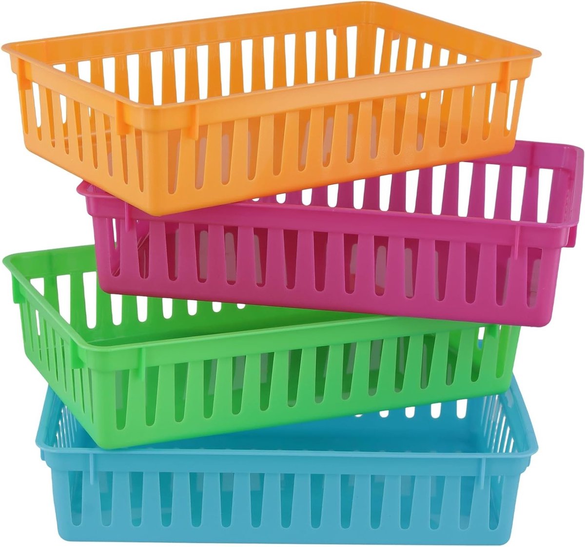 12 Stuks Opbergmanden 26 x 16,5 x 6,1 cm - Kleurrijke Plastic Organizermanden voor Thuis en Kantoor, Ideaal voor Opbergpapier en Bureauaccessoires