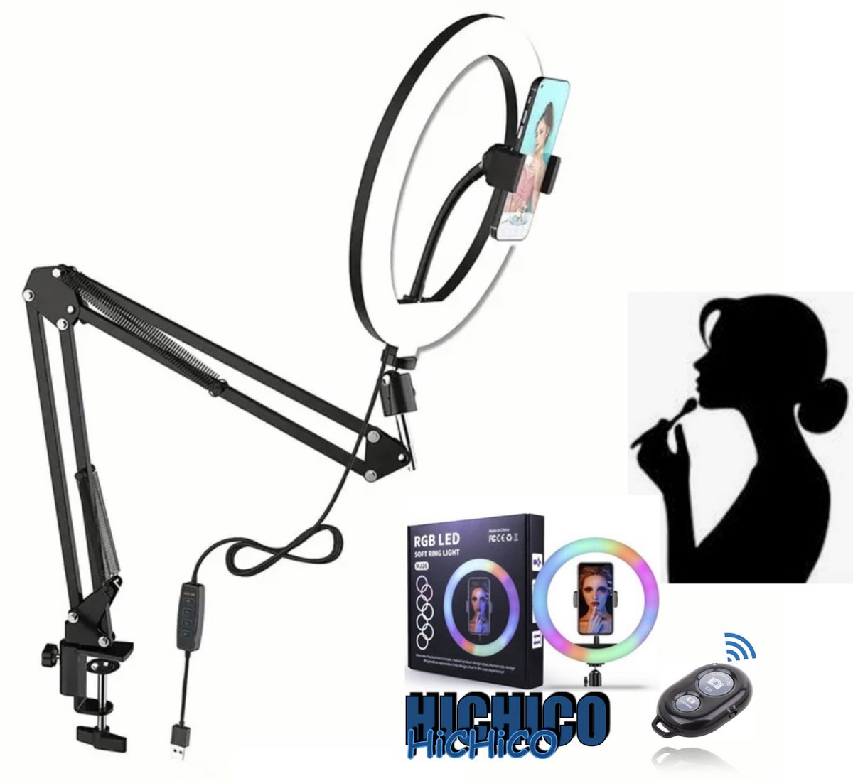 RGB Ringlamp met tafelklem – Ringlamp Met Telefoonstandaard – voor Livestreamen & Vloggen – Arm Standaard Met Ringlamp - Selfie - lamp - Ringlamp - Tik tok - flitser - Make up light - Arm Standhouder - Ring Light – 12” LED Ring Light Met Standhouder