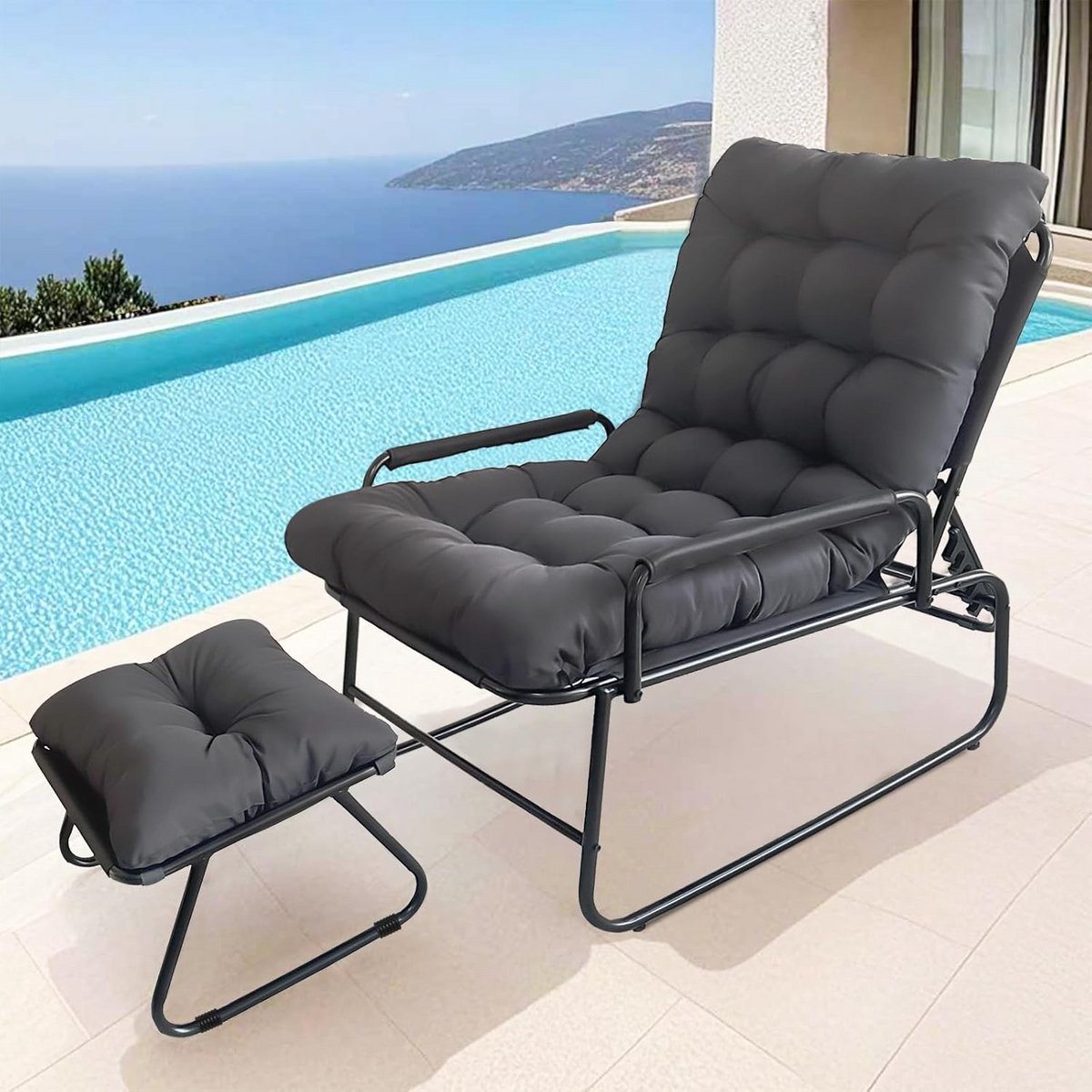 Loungestoel met kruk - Tuinstoel relax - Buiten ontspannen - 5 standen ligfunctie - 150 kg draagvermogen - Grijs